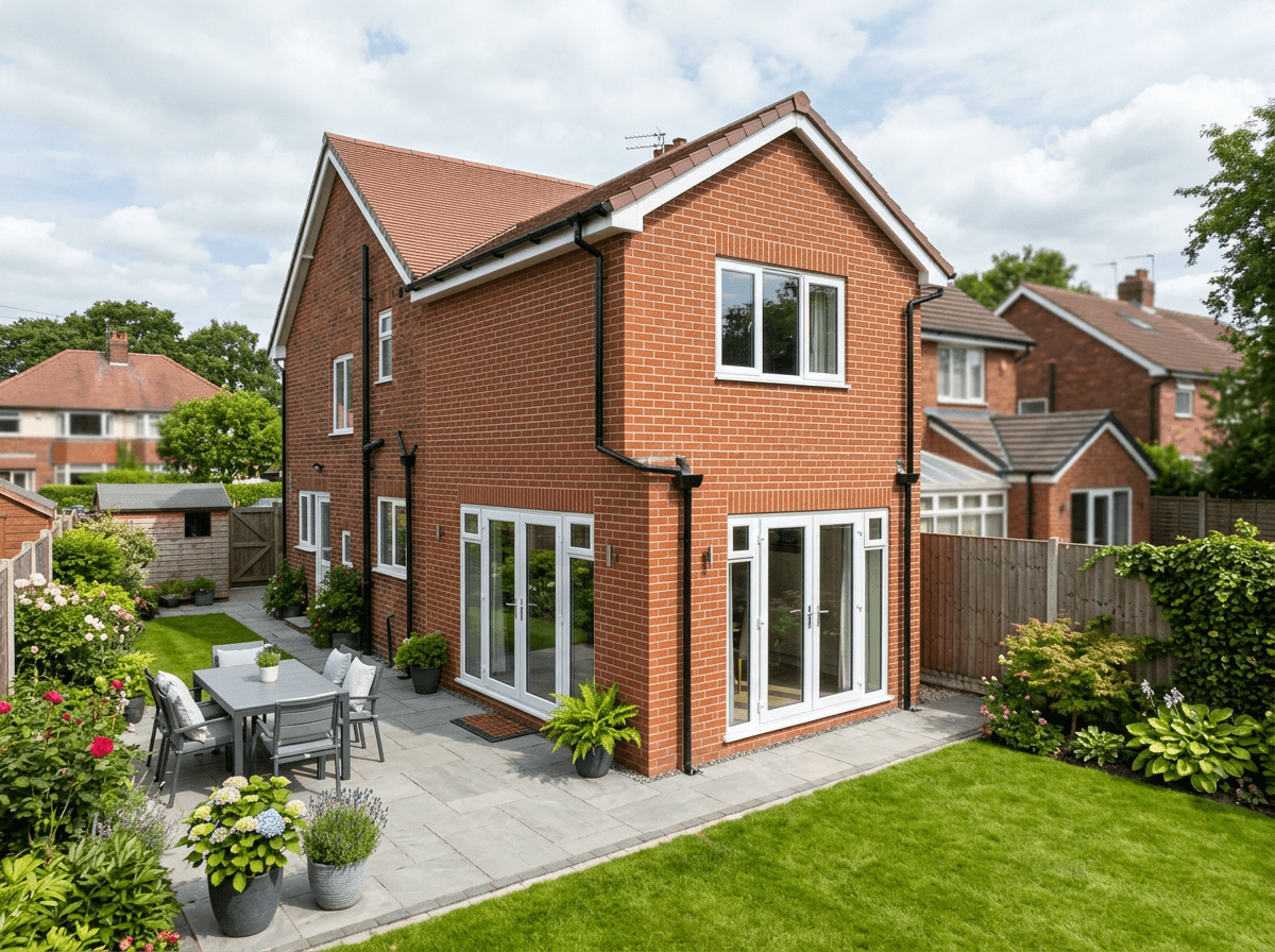 Completed red-brick house extension with neat pointing, Suffolk